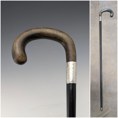 1918 British antique men's pure silver decorated horn handle walking stick 82cm